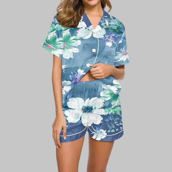 Nrmvnmi Pajamas Sets For Women Flower Graphic Prints Sleepwear Sets Flip Collar Short Sleeve Button Plaid Tops And High Elastic Waist Shorts Soft Breathable Loungewear Sets Nightwear