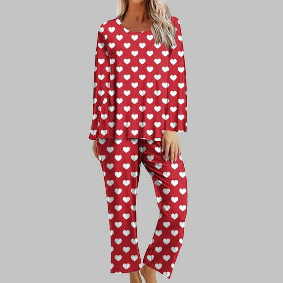 Nrmvnmi Pajamas Sets For Women Love Heart Graphic Prints Sleepwear Sets Crew Neck Long Sleeved Pullover Tops And Elastic Waist Long Pants Comfortable Fall Loungewear Sets