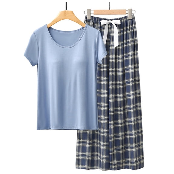 Nrmvnmi Pajamas Sets For Women Solid Color Crew Neck Short Sleeve Tops With Chest Cushion And High Elastic Waist Cotton Silk Plaid Pants With Drawstring Soft Breathable Loungewear