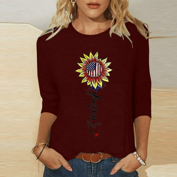 Nrmvnmi Patriotic Shirts for Women 3/4 Sleeve Shirt 4Th of July Independence Day Crewneck Cute Festival Tops Mothers Day Gifts