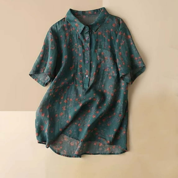 Nrmvnmi Plus Size Tops Women Vintage Short Sleeve Cotton Linen Blouse Spring And Antumn O-Neck Cartoon Print Blouse Top T-Shir