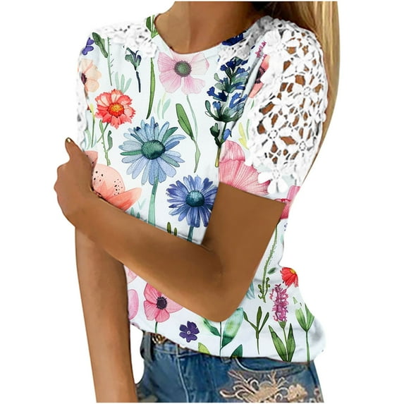 Nrmvnmi Plus Size Tops for Women Short Sleeve Raglan Lace Tee Floral Prints Crewneck Tunic Loose Fit Summer