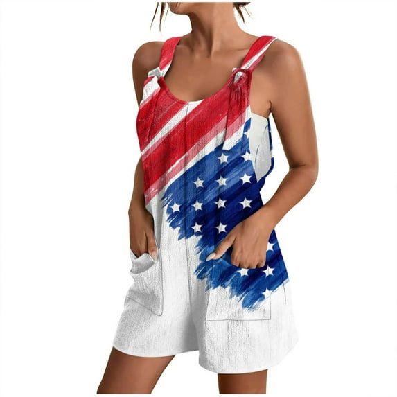 Nrmvnmi Short Jumpsuits for Women American Flag Print Overall Romper Casual Pocket Front Independence Day Romper Women's Jumpsuit Multicolor 3XLMothers Day Gifts