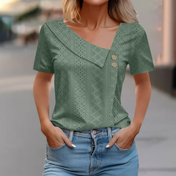 Nrmvnmi Short Sleeve Tops for Women Cute Summer Crochet Eyelet V Neck T Shirts Elegant Trendy Hollow Out Blouses Tunics For Mothers day gifts