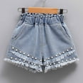 thumbnail image 1 of Nrmvnmi Spring And Summer Girls Double Layer Nail Bead Shining Denim Shorts Pocketed Thin Elastic Waist Comfy Shorts Jeans Hemming Denim Jean Shorts, 1 of 8
