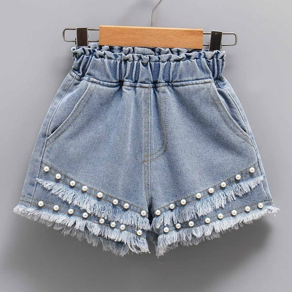 Nrmvnmi Spring And Summer Girls Double Layer Nail Bead Shining Denim Shorts Pocketed Thin Elastic Waist Comfy Shorts Jeans Hemming Denim Jean Shorts