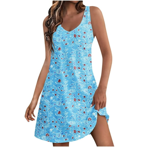 Nrmvnmi Summer Dresses for Women 2024 Beach Loose V Neck Sleeveless Mini Dress Floral Printed Casual Sundress with Pockets Boho Floral T-Shirts Dress Tank Dresses Blue MMothers Day Gifts