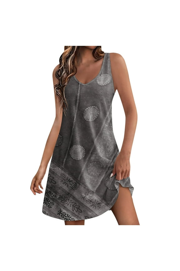 Summer Dresses for Women 2024 Beach Loose V Neck Sleeveless Mini Dress Floral Printed Casual Sundress with Pockets Boho Floral T-Shirts Dress Tank Dresses Gray LMothers Day Gifts