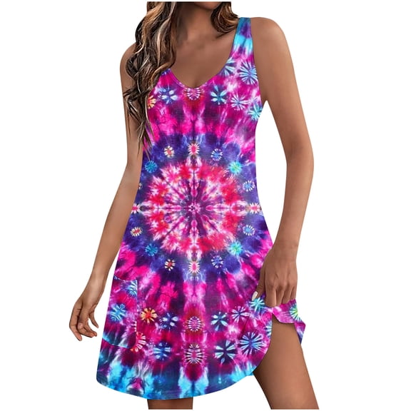 Nrmvnmi Summer Dresses for Women 2024 Beach Loose V Neck Sleeveless Mini Dress Floral Tie Dye Casual Sundress with Pockets Boho Floral T-Shirts Dress Tank Dresses Pink XLMothers Day Gifts