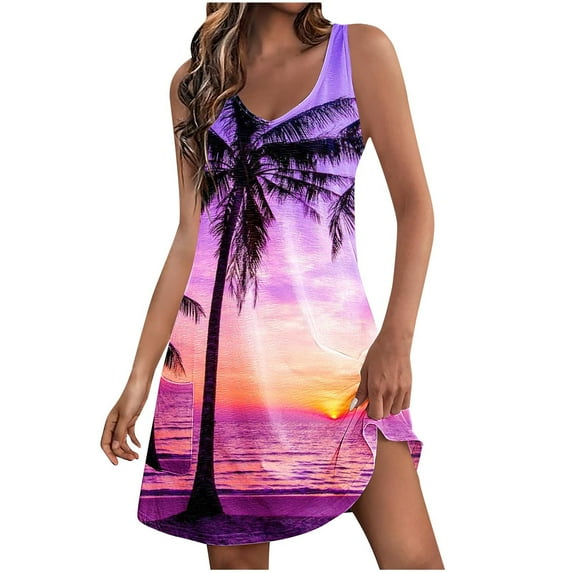 Nrmvnmi Summer Dresses for Women 2024 Beach Loose V Neck Sleeveless Mini Dress Tropic Printed Casual Sundress with Pockets Boho Floral T-Shirts Dress Tank Dresses Purple MMothers Day Gifts