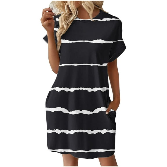 Nrmvnmi Summer Dresses for Women 2024 Casual Striped T Shirt Dress Loose Roll Up Short Sleeve Round Neck Tunic Dress with Pocket for Women Black LMothers Day Gifts