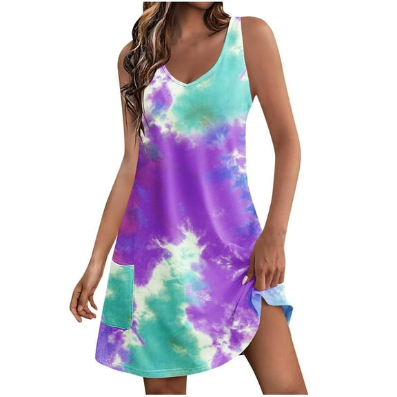 Nrmvnmi Women's Round Neck Summer Sundresses Casual Tie Dye Prints Pleated Ruffle Hem Knee Length Sleeveless Tank Dress with Pockets