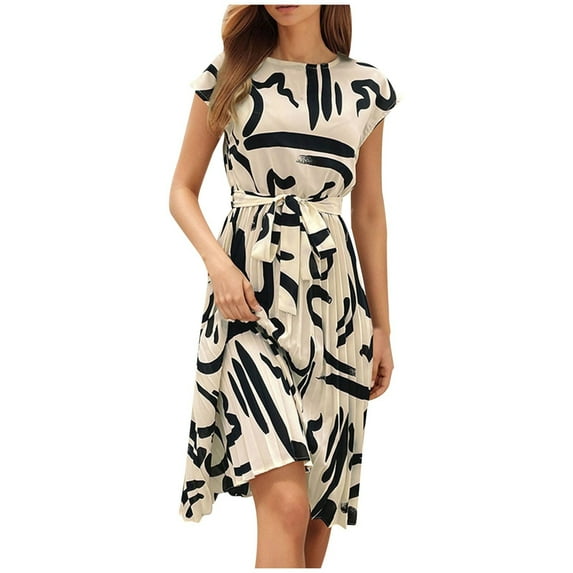 Nrmvnmi Summer Dresses for Women 2024 Floral Cap Short Sleeve Round Neck Pleated Hem Belted Elegant Midi Dress Beige LMothers Day Gifts