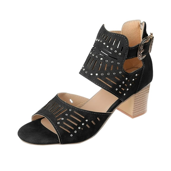 Nrmvnmi Summer Heels for Women Open Toe Boho Booties Cutout High Heel Chunky Block Sandals Black Mothers Day Gifts