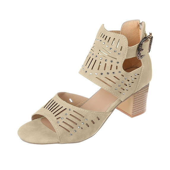 Nrmvnmi Summer Heels for Women Open Toe Boho Booties Cutout High Heel Chunky Block Sandals Khaki Mothers Day Gifts