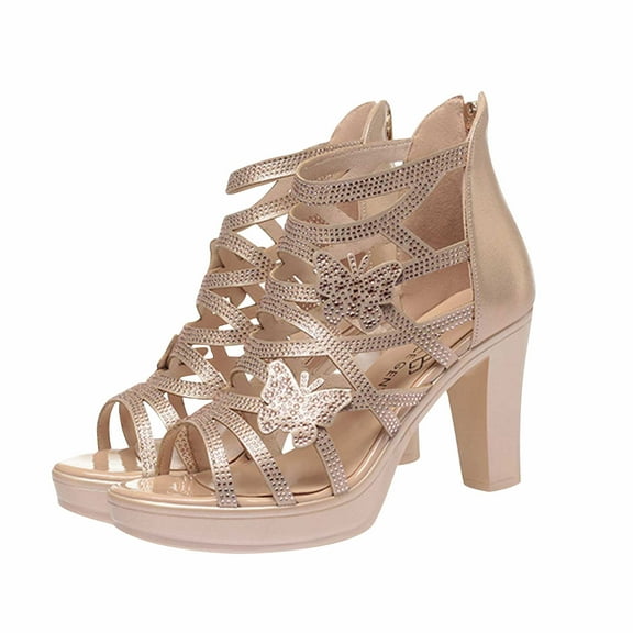 Nrmvnmi Summer Heels for Women Open Toe Booties Hollow Out High Heel Chunky Block Sandals Gold Mothers Day Gifts