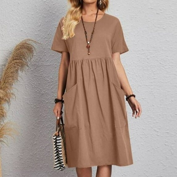Nrmvnmi Summer Saving 2024 Baggy Crew Neck Dress for Women Casual Comfy Cotton Short Sleeve Tunic Beach Dresses with Pockets For Womens Gifts