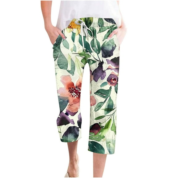 Nrmvnmi Summer Saving 2024 Capri Pants for Women Casual Floral Prints 2024 Summer Drawstring Elastic High Waist Pants Independence Day Straight Wide Leg Plus Size Lounge Capris