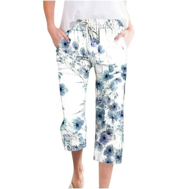 Nrmvnmi Summer Saving 2024 Capri Pants for Women Casual Floral Prints 2024 Summer Drawstring Elastic High Waist Pants Independence Day Straight Wide Leg Plus Size Lounge Capris
