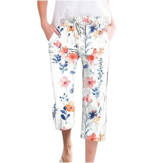 Nrmvnmi Summer Saving 2024 Capri Pants for Women Casual Floral Prints 2024 Summer Drawstring Elastic High Waist Pants Independence Day Straight Wide Leg Plus Size Lounge Capris