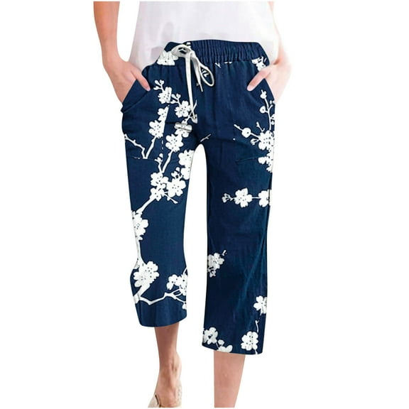 Nrmvnmi Summer Saving 2024 Capri Pants for Women Casual Floral Prints 2024 Summer Drawstring Elastic High Waist Pants Independence Day Straight Wide Leg Plus Size Lounge Capris