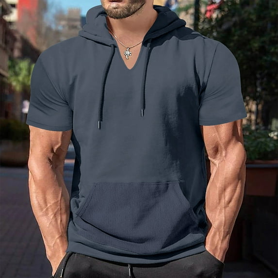 Nrmvnmi Summer Saving 2024 Men's Short Sleeve Hoodie Workout Gym Sweatshirt Muscle Fit Fashion Athletic Hoodies Pullover Cotton Hooded T-Shirts For Mens Gifts