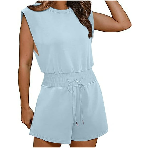 Nrmvnmi Summer Saving 2024 Rompers for Women Summer Cap Sleeve Adjustable Drawstring Waistband Crewneck Casual Outfits with Pockets For Womens Gifts