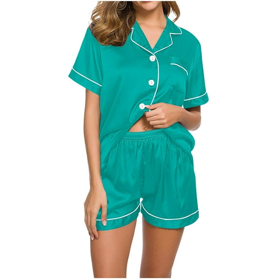 Nrmvnmi Summer Saving 2024 Satin Pajamas Women's Short Sleeve Sleepwear Graphic Prints Soft Silk Button Down Loungewear Pjs Elastic Waistband Shorts Set For Womens gifts