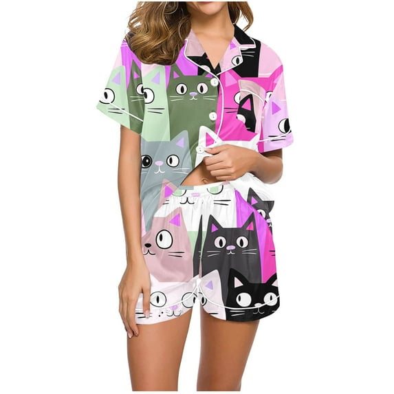 Nrmvnmi Summer Saving 2024 Satin Pajamas Women's Short Sleeve Sleepwear Graphic Prints Soft Silk Button Down Loungewear Pjs Elastic Waistband Shorts Set For Womens gifts