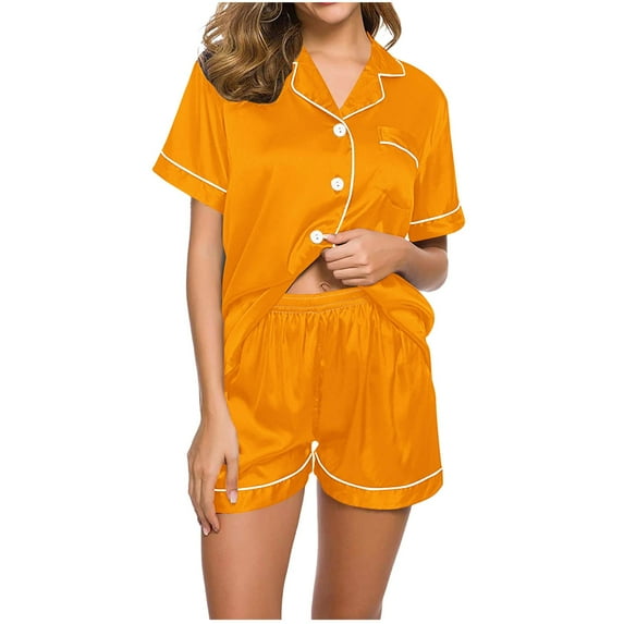 Nrmvnmi Summer Saving 2024 Satin Pajamas Women's Short Sleeve Sleepwear Solid Color Soft Silk Button Down Loungewear Pjs Elastic Waistband Shorts Set For Womens gifts