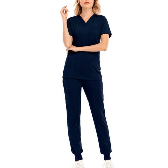Nrmvnmi Summer Saving 2024 Scrubs Set for Women Joggers V-Neck 3 Pocket Top Uniforms Athletic Stretch Set Workwear Drawstring Threaded Pant Legs With Pocket
