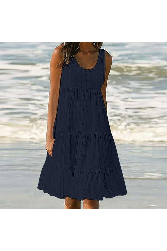 Summer Saving 2024 Sundresses for Women 2024 Sleeveless Cute Petite Mini Dress Tiered Summer Flowy Boho Sundress Beach Wear For Womens Gifts