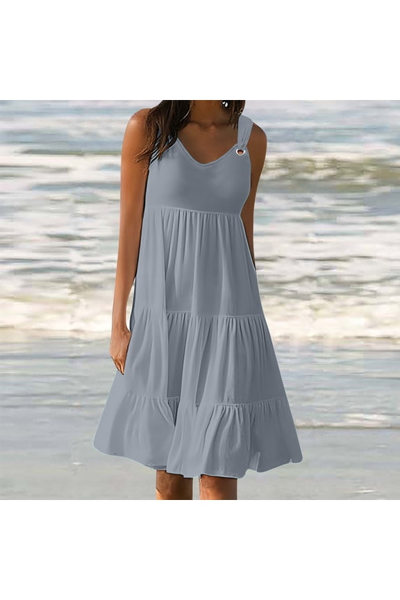 Summer Saving 2024 Sundresses for Women 2024 Sleeveless Cute Petite Mini Dress Tiered Summer Flowy Boho Sundress Beach Wear For Womens Gifts