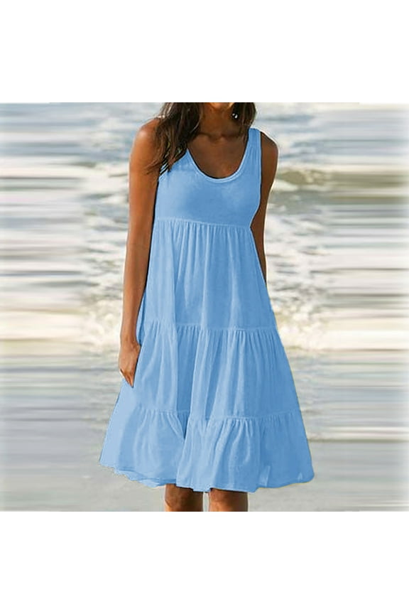 Summer Saving 2024 Sundresses for Women 2024 Sleeveless Cute Petite Mini Dress Tiered Summer Flowy Boho Sundress Beach Wear For Womens Gifts