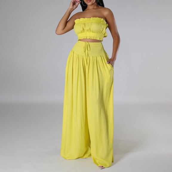 Nrmvnmi Summer Saving 2024 Women's 2 Piece Pants Sets Strapless Bandeau Tank Top Wide Leg Pants Summer Pleated Two Piece Outfits For Womens Gifts