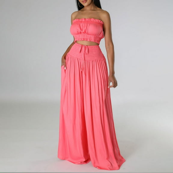 Nrmvnmi Summer Saving 2024 Women's 2 Piece Pants Sets Strapless Bandeau Tank Top Wide Leg Pants Summer Pleated Two Piece Outfits For Womens Gifts