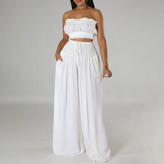Nrmvnmi Summer Saving 2024 Women's 2 Piece Pants Sets Strapless Bandeau Tank Top Wide Leg Pants Summer Pleated Two Piece Outfits For Womens Gifts