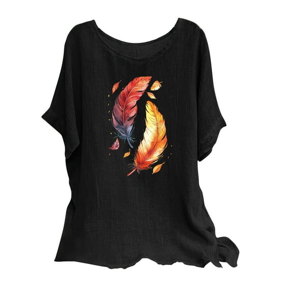 Nrmvnmi Summer Saving 2024 Women's Cotton Linen Button Short Sleeve Shirts Summer Loose Crew Neck Casual Boho Top Vintage Embroidered Blouse Tops