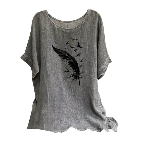 Nrmvnmi Summer Saving 2024 Women's Cotton Linen Button Short Sleeve Shirts Summer Loose Crew Neck Casual Boho Top Vintage Embroidered Blouse Tops