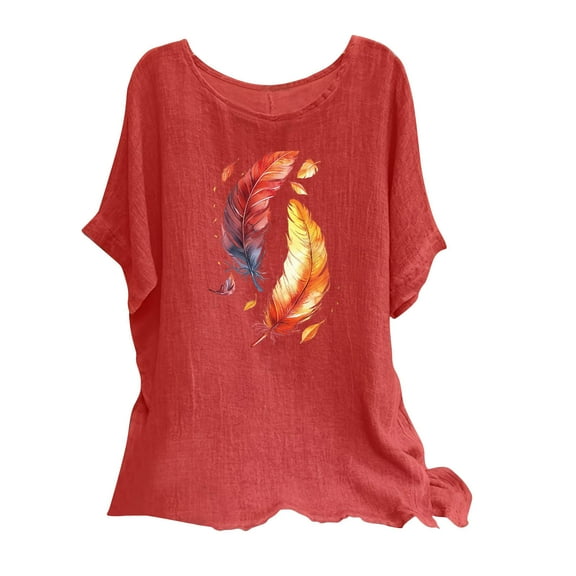 Nrmvnmi Summer Saving 2024 Women's Cotton Linen Button Short Sleeve Shirts Summer Loose Crew Neck Casual Boho Top Vintage Embroidered Blouse Tops