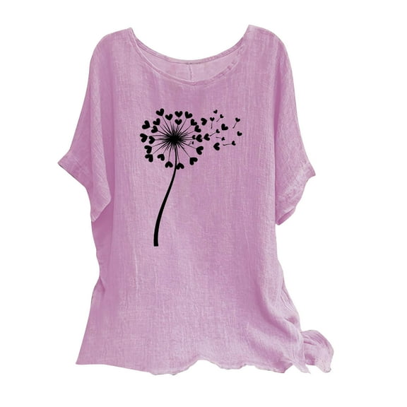 Nrmvnmi Summer Saving 2024 Women's Cotton Linen Button Short Sleeve Shirts Summer Loose Crew Neck Casual Boho Top Vintage Embroidered Blouse Tops