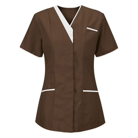 Nrmvnmi Summer Saving 2024 Women's Nurses Tunic Uniform Clinic Carer V-Neck Short Sleeve Botton Down Protective Clothing Tops with 3 Pockets For Womens Gifts
