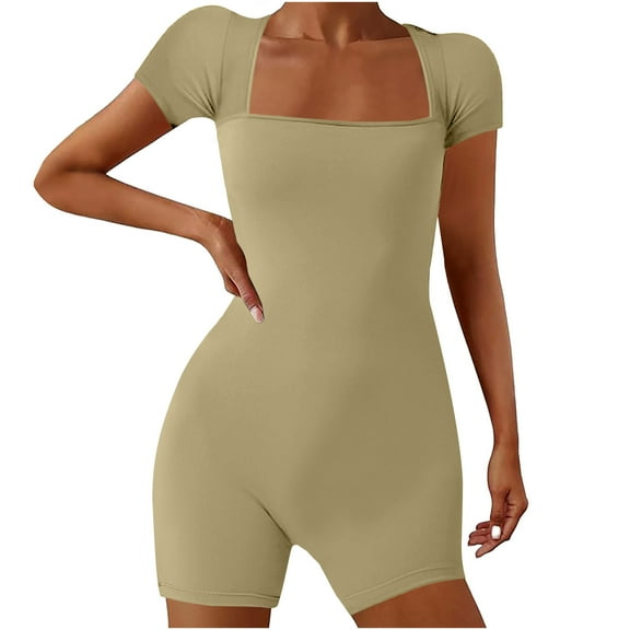 Nrmvnmi Summer Saving 2024 Women's Square Neck One Piece Jumpsuit Sleeveless Short Bodycon Rompers Back Knotted Yoga Workout Bodysuit