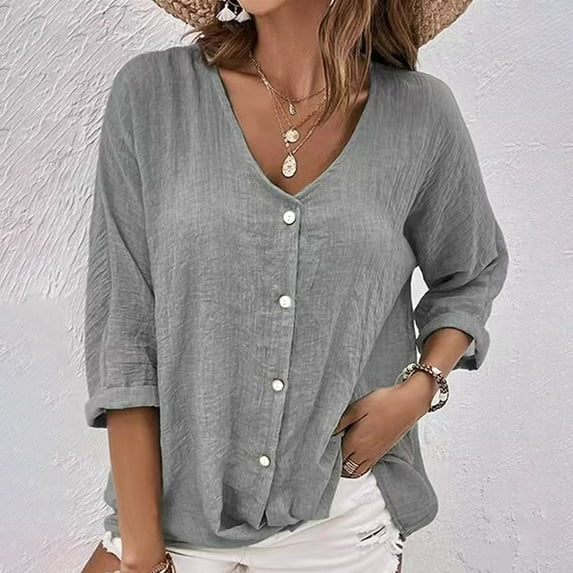 Nrmvnmi Summer Saving 2024 Womens Button Down Shirts Long Sleeve Collared Dress Shirts Cotton Button Up Oversized Blouses Tops Casual with Pockets For Women Gifts