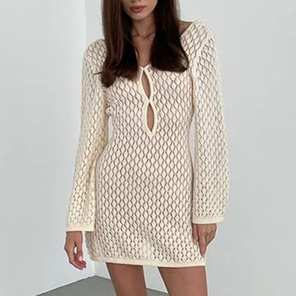 Nrmvnmi Summer Saving 2024 Womens V Neck Crochet Maxi Dresses Bell Sleeve Bodycon Long Dress Hollow Out Summer Beach Vacation Cover Up For Womens Gifts