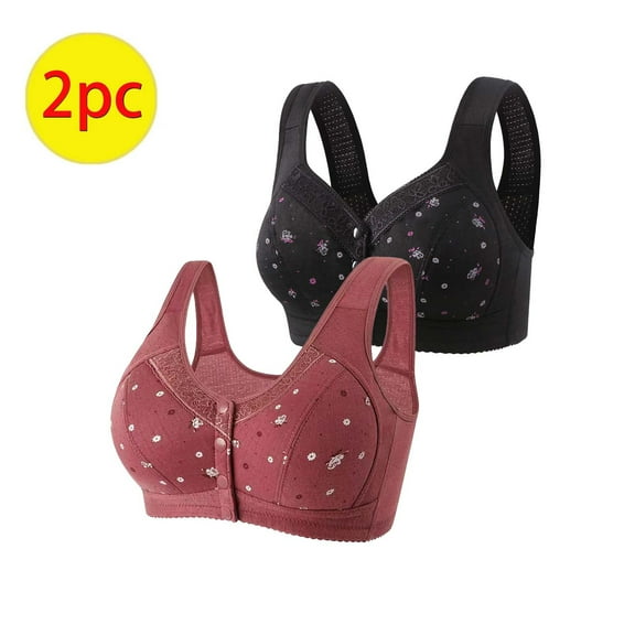 Nrmvnmi Summer Saving 2PC Daisy Bras for Older Women Front Button Closure Wireless Bra Push Up Breathable Sports Bra Plus Size Comfy Everyday 2PC For Moms Gifts