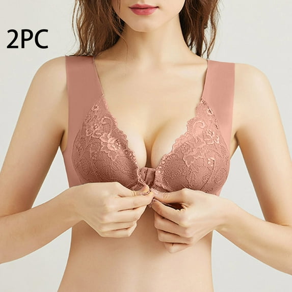 Nrmvnmi Summer Saving 2PC Women's Sexy Lace Front Buckle Bra Wire Free Underwear OnePiece Bra Everyday Underwear Bras For Moms Gifts