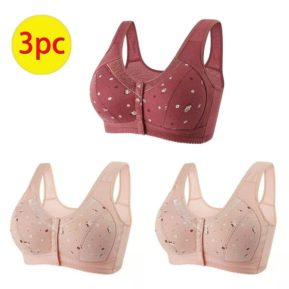 Nrmvnmi Summer Saving 3PC Daisy Bras for Older Women Front Button Closure Wireless Bra Push Up Breathable Sports Bra Plus Size Comfy Everyday Bralettes For Moms Gifts