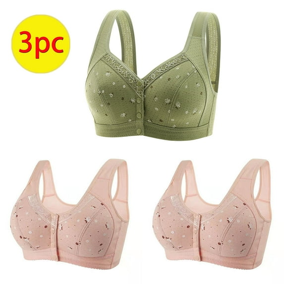 Nrmvnmi Summer Saving 3PC Daisy Bras for Older Women Front Button Closure Wireless Bra Push Up Breathable Sports Bra Plus Size Comfy Everyday Bralettes For Moms Gifts