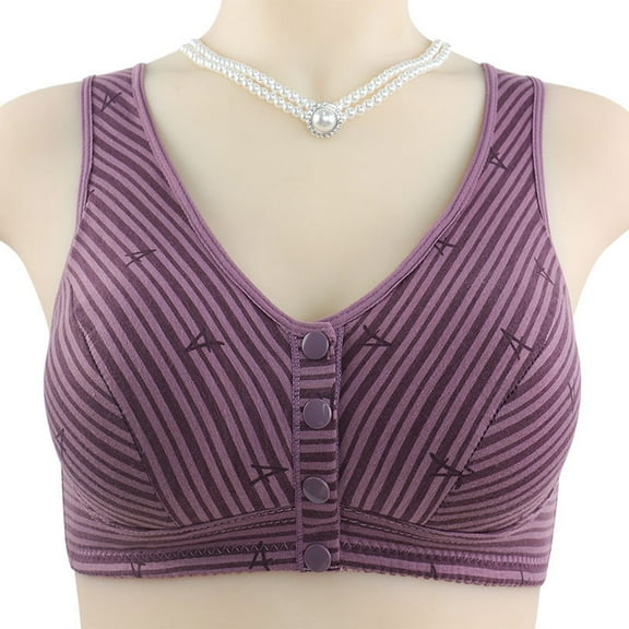 Nrmvnmi Summer Saving Older Women Front Button Bra Front Closure Everyday Sports Bras Stripe Print Comfortable Convenient Cotton Bras for Older Women No Wire For Moms Gifts